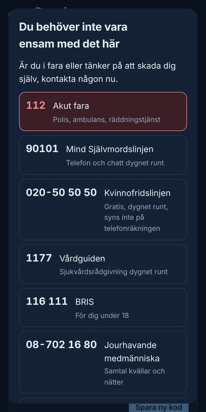 Akuthjälp i Deppig med 112, Mind Självmordslinjen 90101, Kvinnofridslinjen och fler stödlinjer.