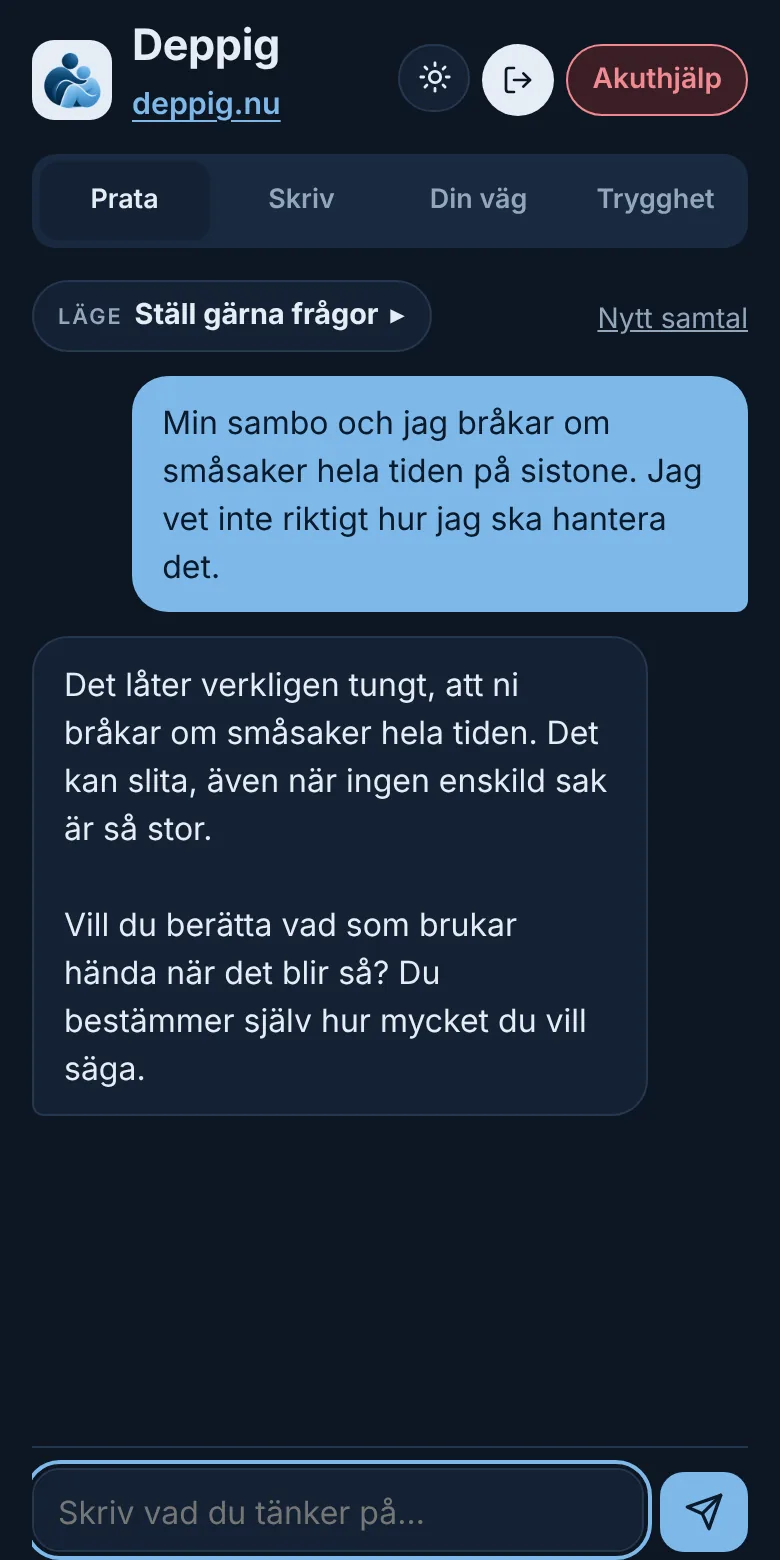 Ett samtal i Deppig där någon berättar om bråk med sin sambo och Deppig svarar varmt och ställer en följdfråga.