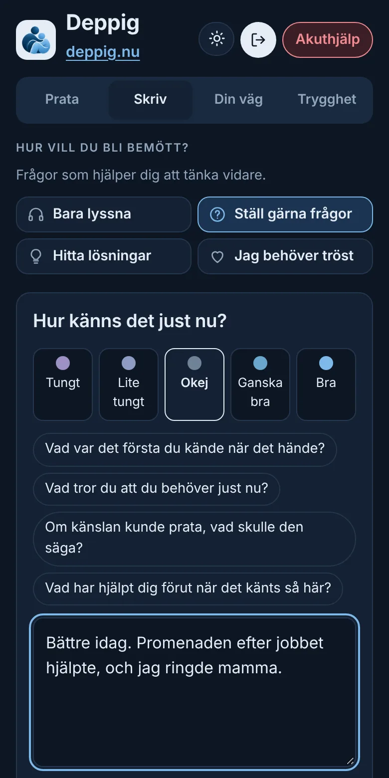 Dagboken i Deppig med val av humör, frågor att utgå från och en skrivruta.