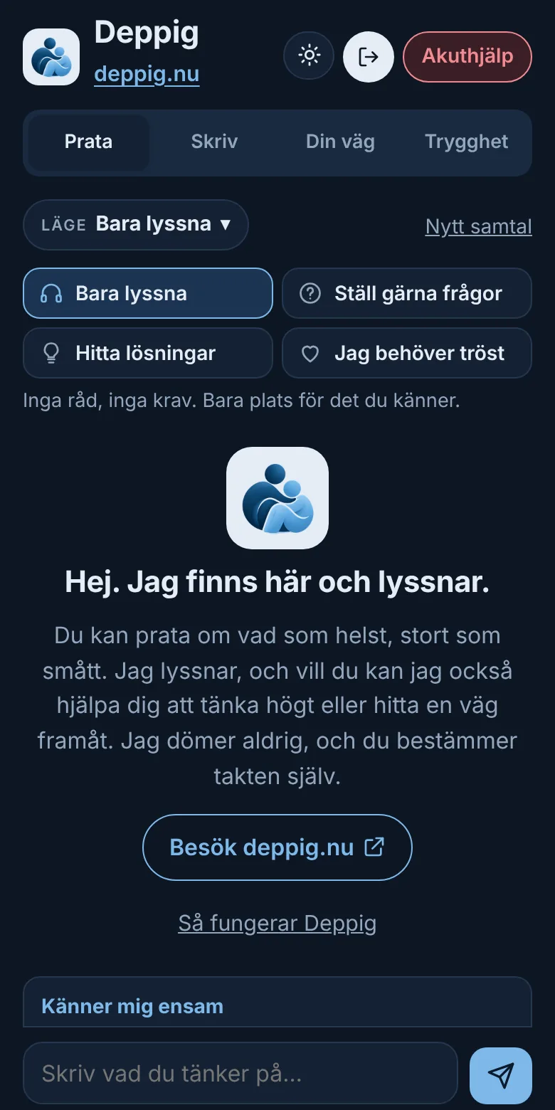 Deppigs startsida med hälsningen Hej. Jag finns här och lyssnar, och knappar för fyra olika lägen.