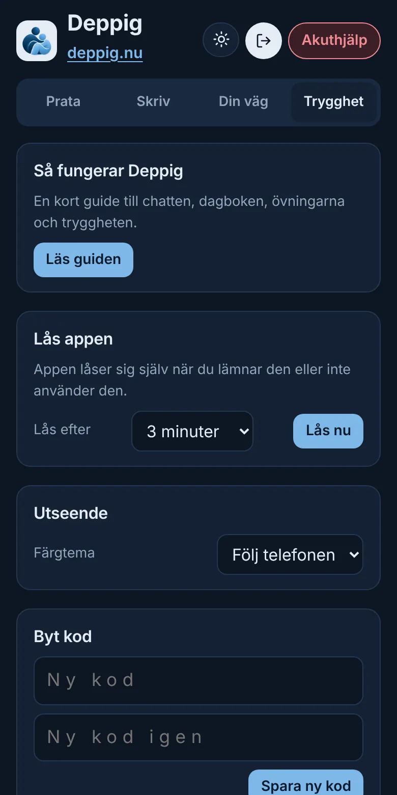 Trygghetsinställningarna i Deppig med kodlås, utseende och byte av kod.